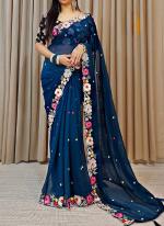 Faux Georgette Navy Blue Traditional Wear Embroidery Work Saree